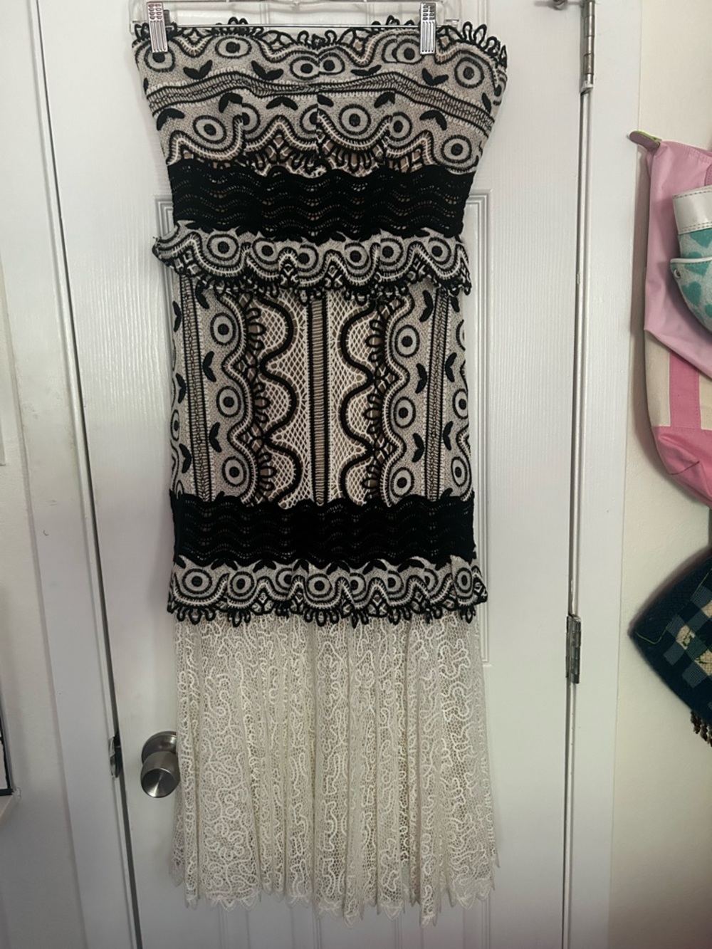 Sea New York Lola Strapless Black and Cream Lace Midi Dress